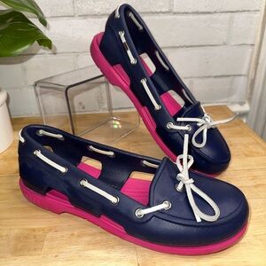 Crocs Beachline Boat Shoes Womens 8 Navy Blue Pink